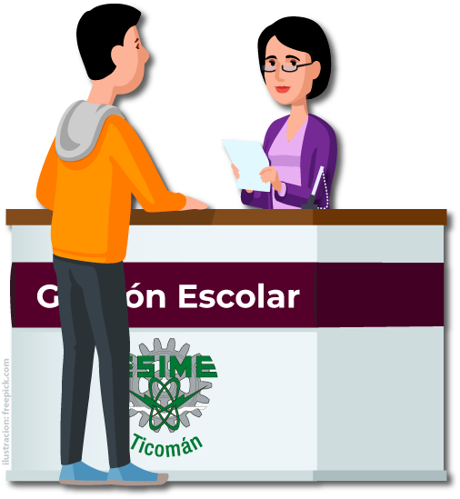 Ilustración de Alumno en ventanilla de gestión escolar