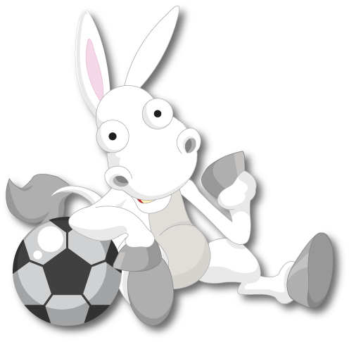 Dibujo caricatura de burro recargado en balón de futbol