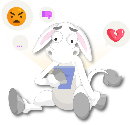 Dibujo caricatura de burro con celular y algunos iconos de emociones alrededor