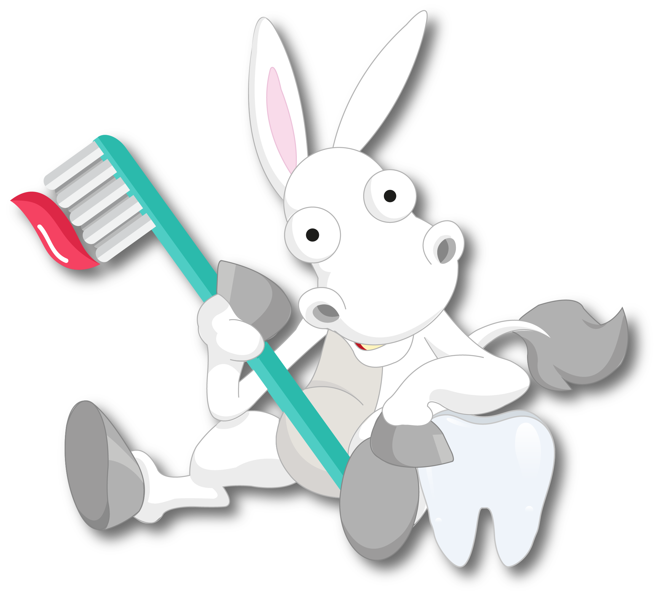 Dibujo caricatura de burro con un cepillo de dientes con pasta y recargado en una muela