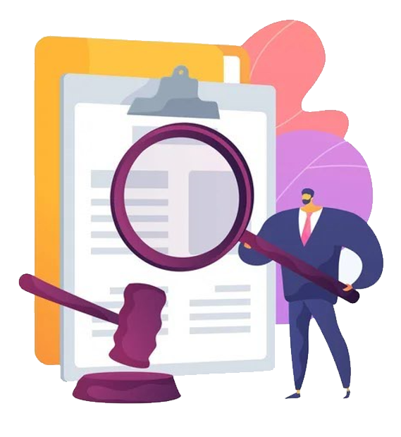 Dibujo donde aparece un portapapeles gigante, un mazo de juez, y un hombre con una lupa gigante