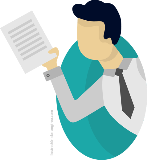 Ilustración caricatura de un hombre con camisa y corbata con un curriculum impreso en la mano