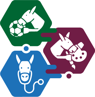 Dibujo de burros, burro con balón, burro con paleta de pintor y burro con estetoscopio